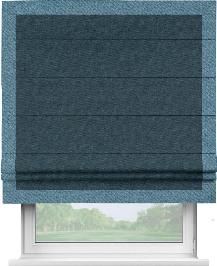 Римская штора «Кортин» с кантом Чесс, для проема, ткань твид блэкаут, глубокий синий